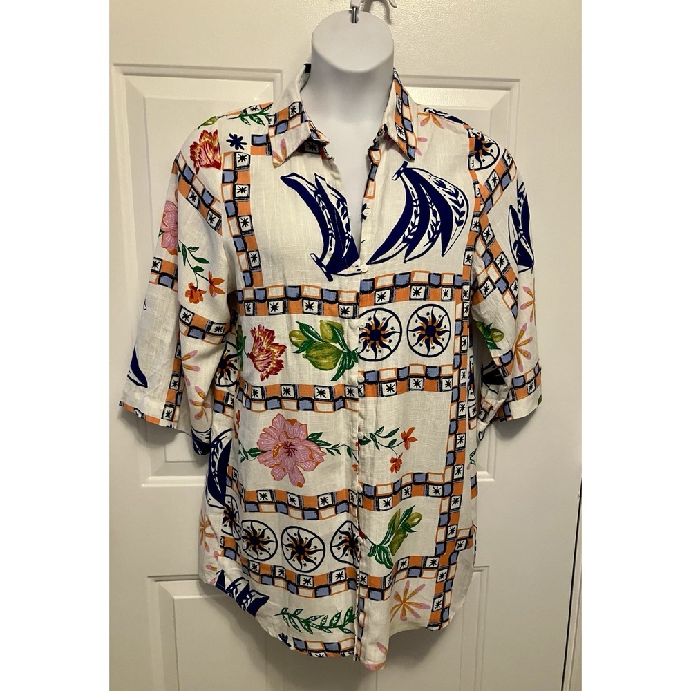 Label of Love Shirt Small Multicolor Linen Blend Floral Button Up Women’s Tunic